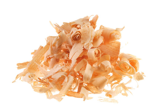 Pile of Pinus cembra wood chips, also known as Swiss stone pine or Austrian stone pine, isolated on white background.