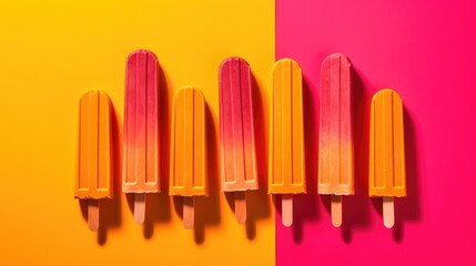 Vivid Summer Popsicles, Radiant Pink Frozen Treats, Cheerful Yellow Background, Invigorating Dessert Idea, Chromatic Seasonal Joy, Generative AI Illustration