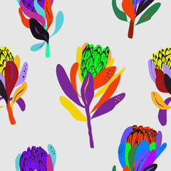 Vector seamless endless bright pattern, exotic protea. For printing on fabric, wallpaper, paper. Flat vector design	
