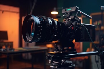 Naklejka na ściany i meble Behind the scenes work. Camera on tripod with ultra lens in film studios. Generative AI
