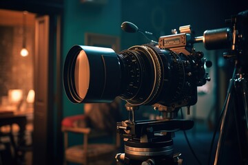 Camera on tripod with ultra lens in
film studios. Generative AI