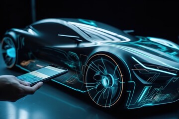 Obraz na płótnie Canvas Development of a modern innovative high-tech environmentally friendly electric vehicle with sustainable standards. Generative AI