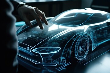 Fototapeta na wymiar Car design using a holographic application in a digital tablet. Generative AI