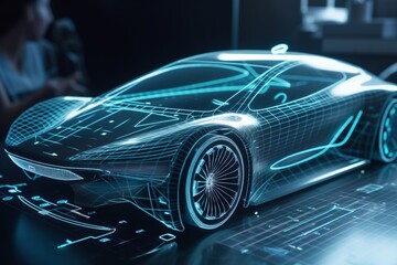 Obraz na płótnie Canvas Car design using a holographic application in a digital tablet. Generative AI