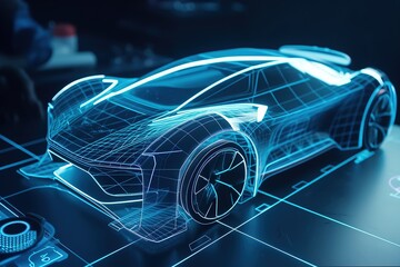 Development of a modern innovative electric vehicle with sustainable standards. Car design using digital tablet app. Aerodynamic tests. Generative AI