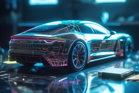 Car design using a holographic application in a digital tablet. Multicolored car. Futuristic. Generative AI