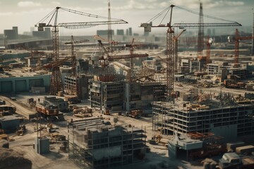 Construction site with a lot of tower cranes. Pit, construction of the future house. Generative AI