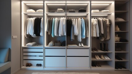 Sleek Contemporary Closet, Radiant Organized Space, Soft and Vivid Hues, Essential Apparel, Complementary Fashion Accessories, Generative AI Illustration