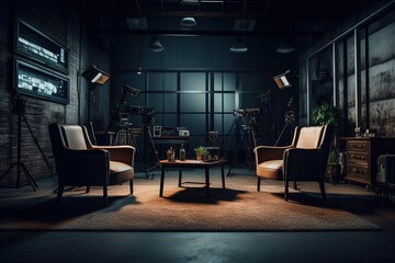 Studio. Empty studio without people. Studio for podcasts or interviews. Stylish studio. Two comfortable chairs with cameras, lights and microphones. Generative AI - obrazy, fototapety, plakaty