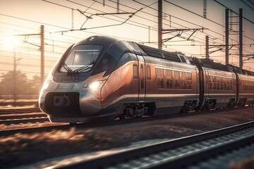 Fototapeta premium High-speed passenger express train on a high-speed intercity railroad. Left the city. Futuristic technologies. Generative AI