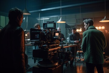 A film crew filming a scene in the studio. Film set. Generative AI - obrazy, fototapety, plakaty