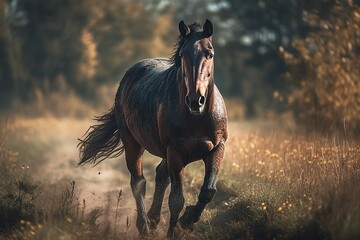A beautiful brown horse galloping across the field. Horse at full height in motion. Mare, Stallion. Generative AI.
