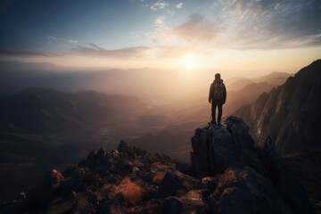Fototapeta premium Back view of a person standing on a mountain peak - Generative AI