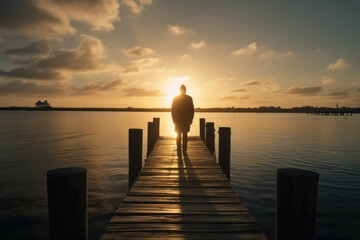 Fototapeta premium Back view of a person on a pier - Generative AI