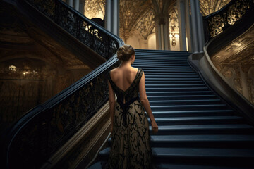 Woman in black dress walking down a grand staircase - Generative AI - obrazy, fototapety, plakaty