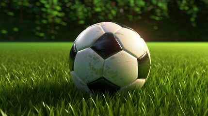 Fototapeta na wymiar Soccer ball on a green grass field at sunset. 3d illustration.