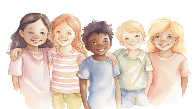 watercolor of group of cute diverse kids standing with arm around shoulders isolated on white background, made with generative ai