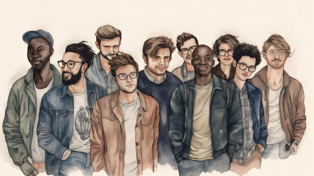 watercolor of group of diverse young men standing isolated on white background neutral tones, , made with generative ai