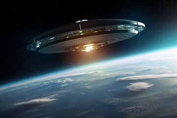 Naklejka na ściany i meble Alien UFO above Earth. Digitally generated AI image
