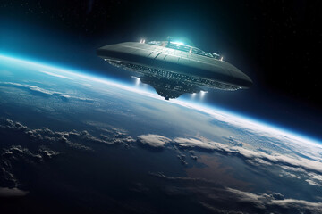Obraz na płótnie Canvas Alien UFO above Earth. Digitally generated AI image
