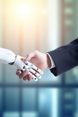 Handshake between futuristic cyborg robot and human hands. Working with artificial intelligence or AI. Future and communication concept. Robot and Man Shaking Hands close up. 