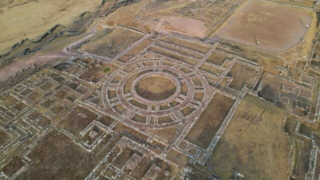 4K Aerial Drone view of Circular Incan Ruins at Sacsayhuaman in Cusco, Peru. Other ruins visible