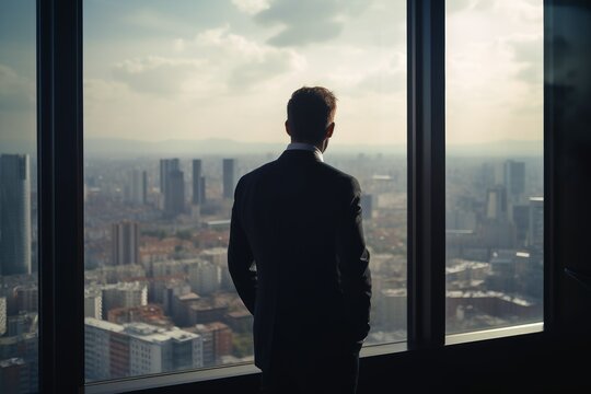 A Businessman Seen From Behind Is Looking Out Of An Office Window In The Big City Created With Generative AI Technology.