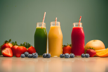 Fototapeta na wymiar Fresh fruit and vegetable smoothies or juice in bottles with various ingredients around. Generating Ai