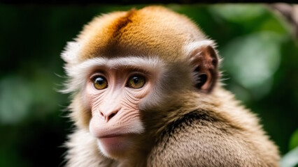 Close-up cute little monkey in the forest in natural conditions. Generative AI