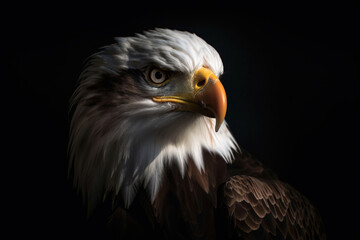 Obraz premium Dark eagle portrait on black background. Digitally generated AI image