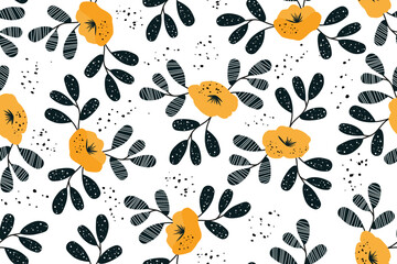 Seamless pattern of yellow-orange flowers and dark leaves. Botanical background with geometric elements. Summer modern print