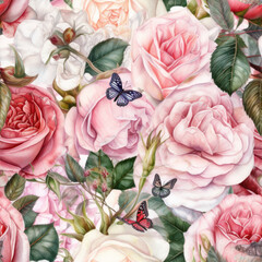 Seamless Watercolor Roses Pattern, Floral Background, Generative AI