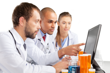 Portrait of Doctors Looking at Laptop and Writing on Clipboard