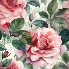 Seamless Watercolor Roses Pattern, Floral Background, Generative AI