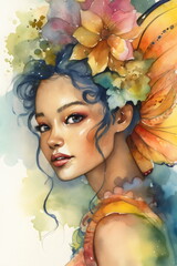 beautiful blue hair fairy with colorful flowers in watercolor and pencil detailed portrait, made with generative ai