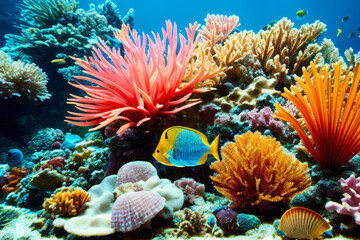 Underwater view of colourful tropical fishes, shells, starfish with beautiful natural ocean background. Life in the coral reef underwater. Wildlife concept of ecological environment. Generative AI