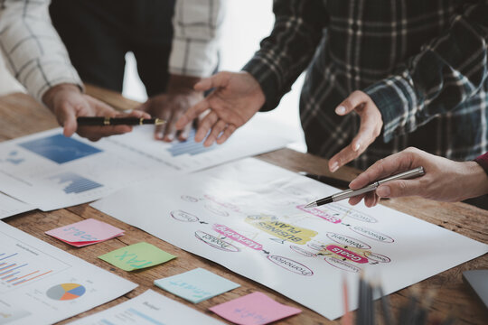 Group businessman attended a meeting with executives of startup companies, startup company sales team meetings, brainstorming and summary of company performance. Business strategy management concept.