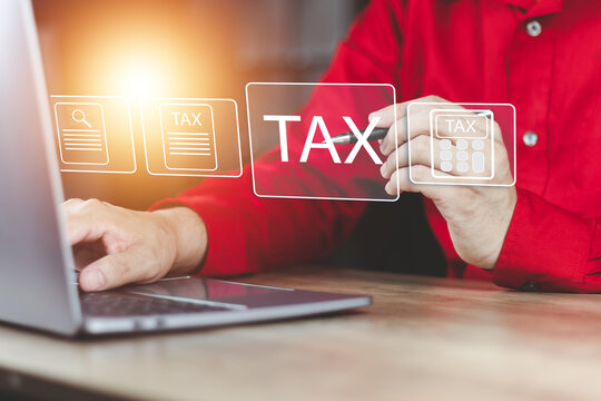 e-tax Invoice concept woman's hand is cube wood building a including debit note, credit note and receipt to be in electronic form with digital signature or time stamp