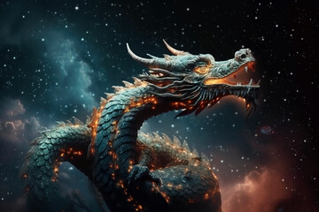 Chinese dragon flying in dark sky and galaxy on the background. Digitally generated AI image