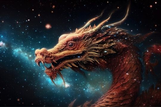 Chinese dragon flying in dark sky and galaxy on the background. Digitally generated AI image