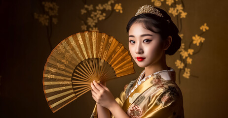 A beautiful Japanese girl dressed in a traditional golden outfit holds a paper fan, captured in a golden light, in a blend of vintage and contemporary traditional interior Asia design. generative AI