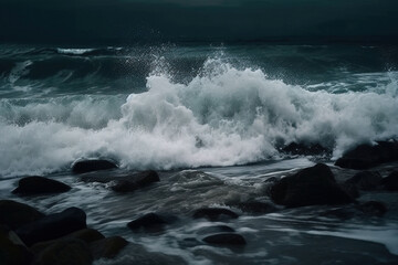 Fototapeta premium Huge waves in sea at storm. Digitally generated AI image