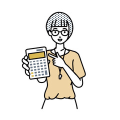 立って電卓を指差してこちらに向けて見せている教師の女性