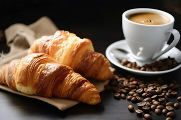 Fresh backed croissant with coffee. Digitally generated AI image