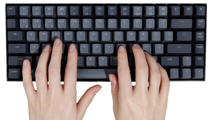 Computer keyboard and woman hands isolated on transparent background