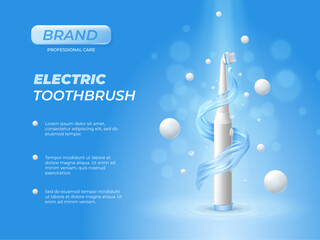 Realistic electric toothbrush in water splash. Fresh oral care product. White teeth cleaning equipment in waves. Healthy lifestyle. Dental hygiene. Vector 3D advertising banner design