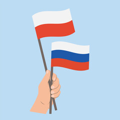 Flags of Poland and Russia, Hand Holding flags