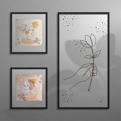 Realistic frames. 3D posters with floral shadow overlay effect. Frameworks hanging on wall. Woman portraits. Line art flower in female hand. Pictures collage. Vector interior background