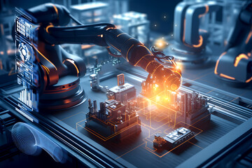 Futuristic factory, artificial intelligence, robotic arm (hologram). generative a