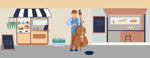 Cello player. Man playing violoncello on city street. Fastfood and pastry kiosks. Musician with musical instrument. Urban outdoor summer festival. Cellist performance. Vector illustration